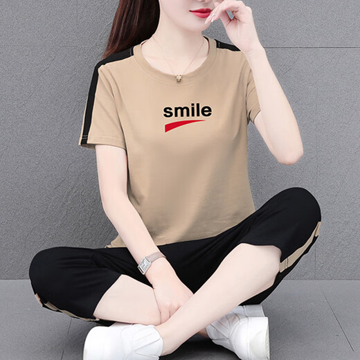 NY-EMMA运动套装女短袖夏季棉质休闲时尚中年洋气减龄广场舞跑步服两件套 689皮红（七分裤套装） XL(建议110-125斤)