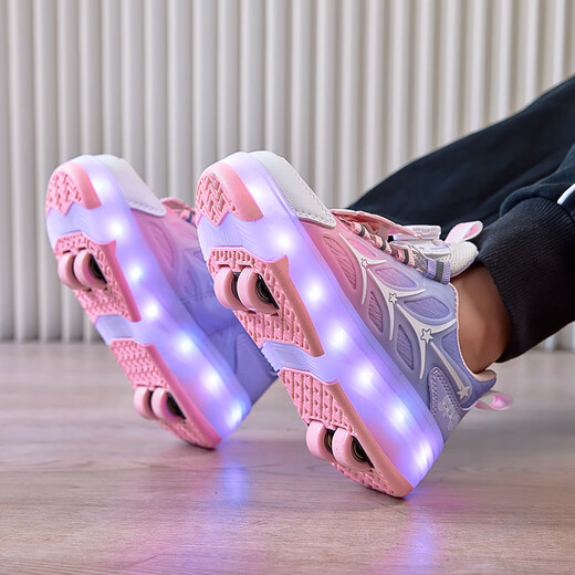 Zapatillas para patinaje de patinaje para niños de cuatro ruedas de cuatro ruedas de cuatro ruedas para niños de la época tibetana para la primavera y el otoño 2025 SATOS NUEVOS SATOS DE ICE ICE SAPACIONES S7024 Modelo de actualización de cuatro ruedas rosa Kulomi, la longitud interna es aproximadamente 17.5 28 28 28