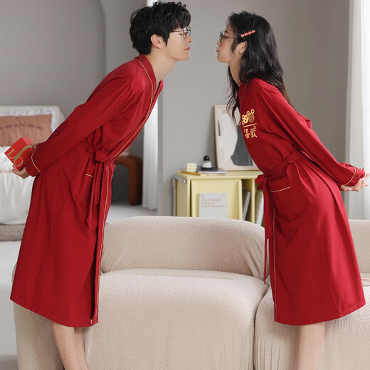 浪莎（LangSha）红色结婚情侣睡袍一男一女纯棉喜庆新婚睡衣浴袍家居服高档礼盒装 9922【礼盒装】 女L+男XL