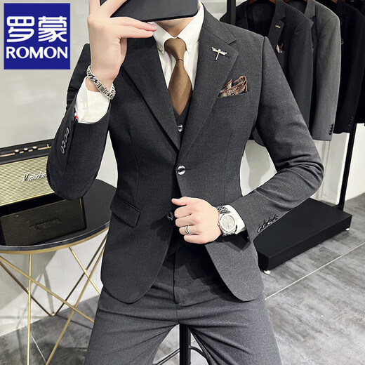 ROMON high-end commuter large size suit men's business casual suit Korean version slim suit wedding groom three-piece suit dark gray suit + trousers 2XL 135-145Jin Jin equals 0.5 kg