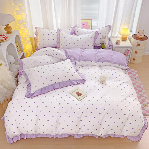 Nanjiren Jiangsu Nantong bed skirt four-piece set pure cotton 100% cotton wool lace small fresh bedding double bedding love - white purple [small fresh cotton lace style] bed sheet style 180*200cm single bed skirt