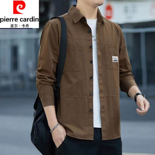 Pierre Cardin 2026 pure cotton young and middle-aged men's shirt long-sleeved autumn work jacket loose casual trendy shirt brown long-sleeved 888 shirt XL recommended 135-155 Jin Jin equals 0.5 kg