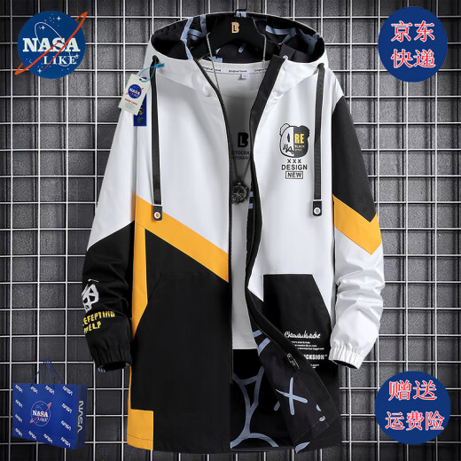 NASALIKE official trendy brand mid-length windbreaker jacket men's spring and autumn winter large-size hooded jacket student graffiti plus velvet jacket N73 white (spring and autumn style) XL (168-175cm 120-140Jin[Jin equals 0.5 kg])