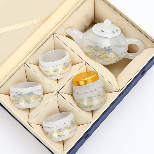 Beautiful and high-quality white jade glazed tea set Chinese style household jade porcelain Qianli Jiangshan light luxury Kung Fu tea set teapot one pot four cups Qianli Jiangshan covered bowl tea set white