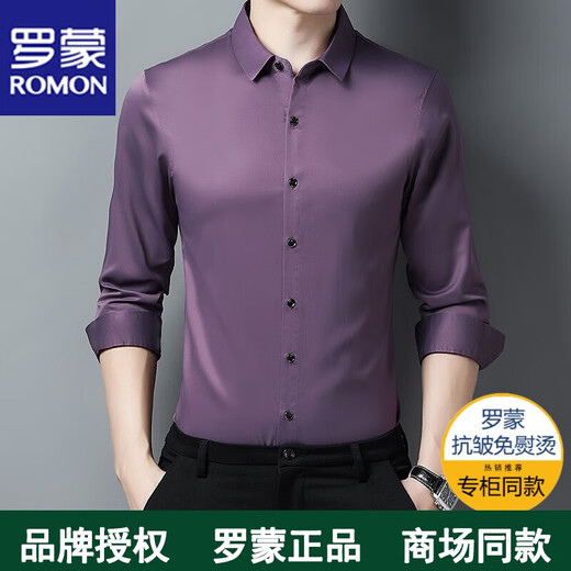 罗蒙长袖衬衫男秋冬季男士衬衣无痕中青年春秋高档免烫上衣商务弹力 上青色 XL（125斤-140斤）