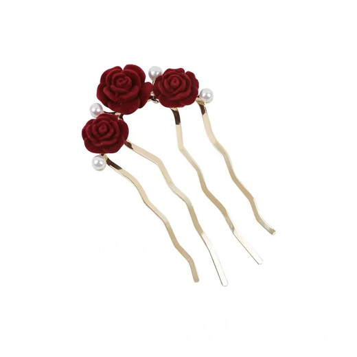 Meng Junchen's new Chinese style hairpin for women, burgundy camellia bud U-shaped hairpin, ball head hair styling accessories, new Chinese style rose hairpin