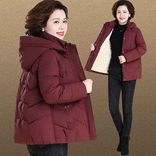 Aimaiyi middle-aged and elderly mothers autumn and winter short clothes and coats grandma autumn and winter velvet thickened hooded clothes for the elderly 196 wine red 4XL 130-145Jin Jin is equal to 0.5 kg