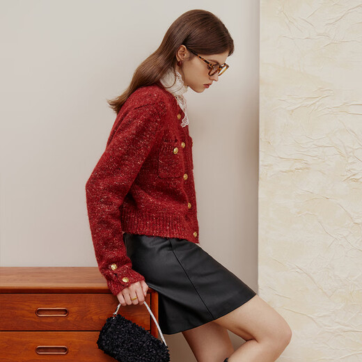 
Fan Silan 23FS14110 lazy style sweater cardigan jacket for women in autumn and winter super beautiful little fragrant style knitted sweater Rouge red XL