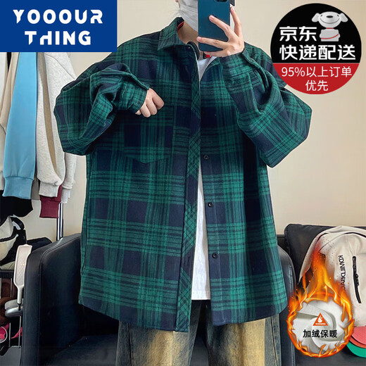 YOOOURTHING美式复古格子衬衫男长袖春秋冬加绒加厚宽松情侣百搭休闲衬衣外套 CJ9735-黑白格 加绒 M (建议90-110斤)