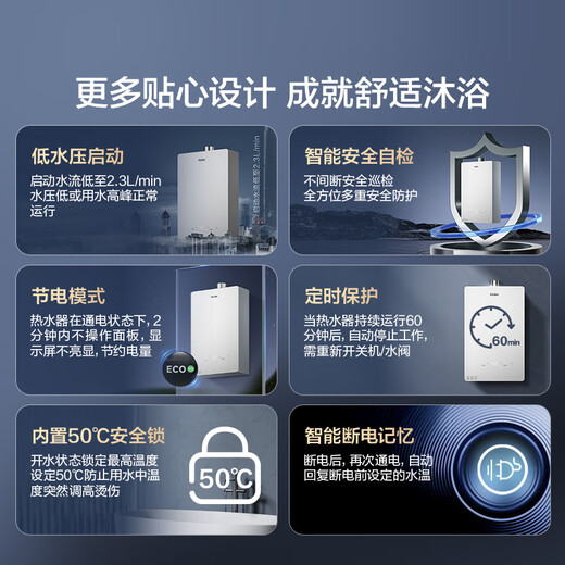 Haier YD5 13-liter liquefied gas water heater for home use, ECO energy saving, low water pressure start, fast heating and silent, 15% national subsidy, trade-in, wind resistance and anti-freeze