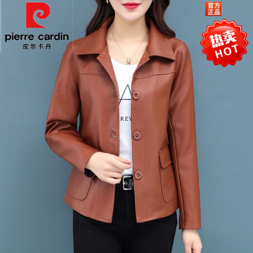 Pierre cardin leather jacket for women 2025 new spring and autumn short middle-aged mother I mother women PU leather versatile autumn jacket top Black XL (105-120Jin [Jin equals 0.5 kg])