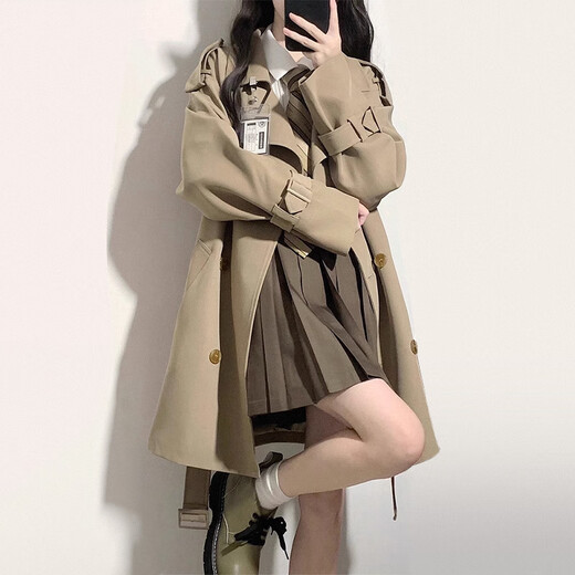 FOX.G Windbreaker Jacket Women's Mid-Length 2025 New Straight Autumn Women's Thin Style High-end Small Spring and Autumn Women's Clothing British Style Mid-Length Windbreaker Khaki S Recommended 130Jin Jin is equal to within 0.5kg
