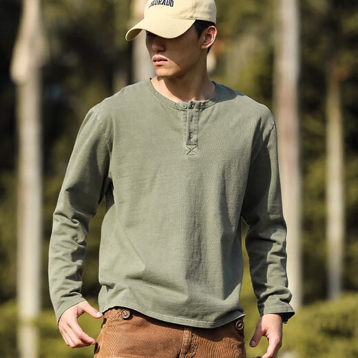 Western Camel (VANCAMEL) American retro distressed Henry shirt men's spring and autumn large size 300 Jin Jin equals 0.5 kg Heavy cotton American casual long-sleeved bottoming T-shirt Black Recommended 115-145 Jin Jin equals 0.5 kg XL