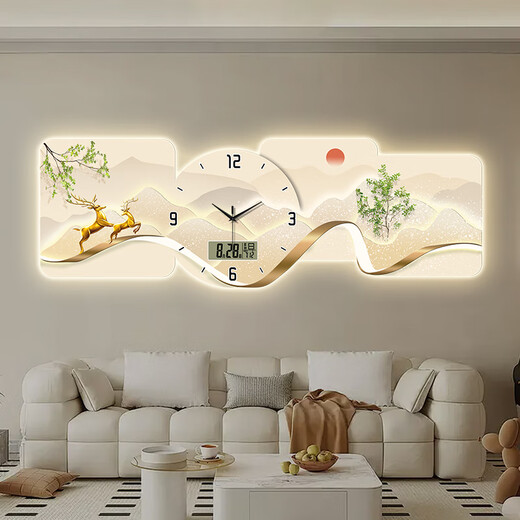 小小画钟福鹿万年历电子钟表挂钟客厅装饰画LED带灯餐厅沙发背景挂墙时钟 BG6623 LED灯画（插电款+遥控器） 47英寸 【120*40cm】