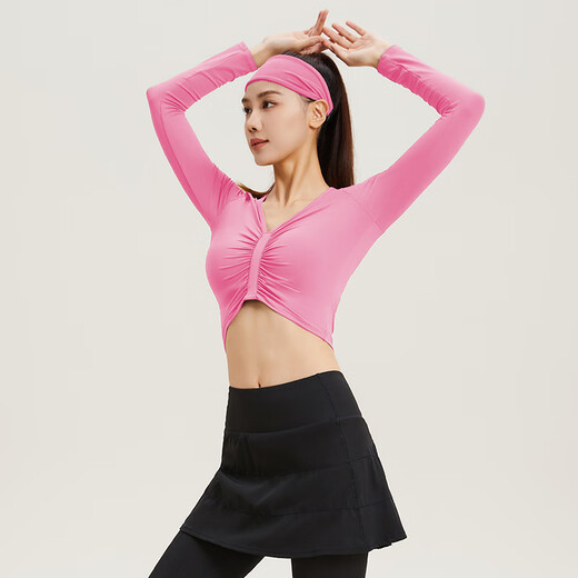 Vansydical navel-baring fitness clothes for women long-sleeved sexy fashionable yoga clothes temperament Pilates training tops breathable casual clothes Barbie pink long-sleeved L (recommended 105-120 Jin Jin equals 0.5 kg)