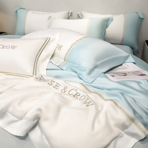 Wenzhi Summer Light Luxury 140 Piece Tianshi Four-Piece Set Simple Embroidery Ice Silk Cool Sleeping Sheets Bedding 4 Irene-Sky Blue 1.5 Sheet Four-Piece Duvet Cover 200*230cm