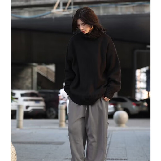 POUM turtleneck sweater for men and women, spring and autumn loose knitted sweater for men, retro lazy solid color bottoming shirt SM-003 white XL recommended 110-140Jin Jin equals 0.5 kg