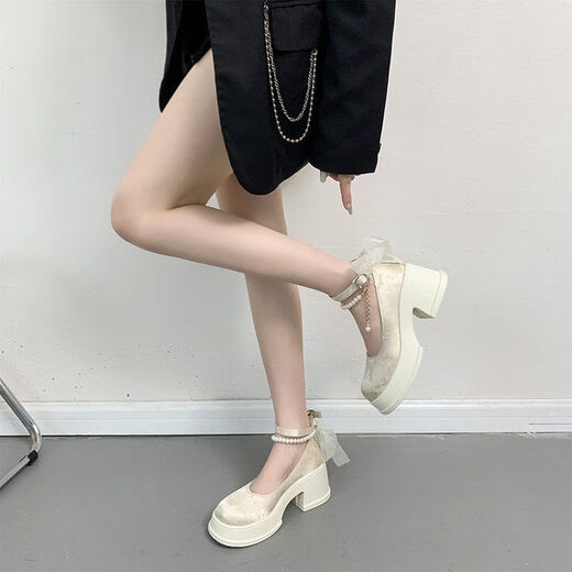 Zhenxi Nuevos zapatos chinos Mary Jane para mujeres con tacón grueso Retro Cheongsam versátil Boquero grueso Zapatos de boda en blanco 7 cm Mary China Jane - con perlas 36