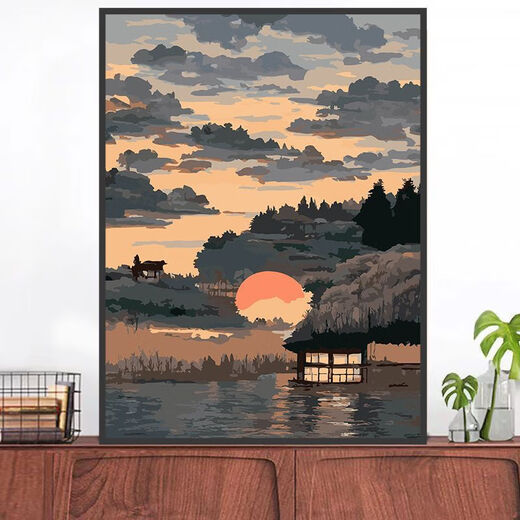 Chinese style landscape digital oil painting DIY coloring sunset sunset scenery living room and dining room handmade decoration painting YF-829 high mountain towering 30*40cm pen + pigment + inner frame