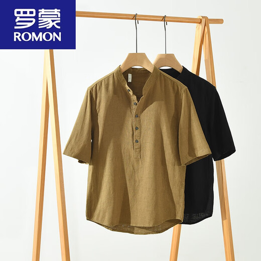 罗蒙（ROMON）中国风苎麻短袖男立领T恤棉麻复古休闲透气薄款亚麻半开衫短t 黑色 棉麻宽松水洗 XL 140-160斤