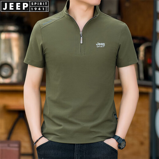 JEEP SPIRIT吉普休闲立领半拉链短袖t恤夏男士弹力半袖绣标棉质纯色透气体恤 军绿色 L 175/96A 建议130-145斤