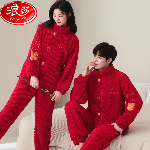 LangSha (LangSha) autumn and winter wedding couple pajamas red coral velvet thickened plush men and women newlyweds home clothes set 9717+ pattern + double rain plush plush L women's style: Recommended 100-120 Jin [Jin equals 0.5 kg]