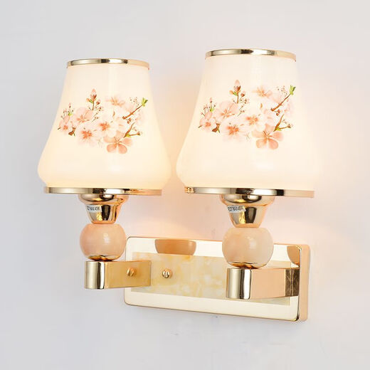 Micro wall lamp bedside lamp Nordic modern European style simple creative led American bedroom living room corridor staircase wall lamp 034 double head with pull switch-three-color LED bulb