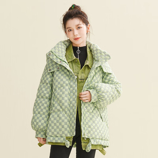 Kangbo autumn and winter new fashion cutting-edge chessboard thickened down jacket for women's jacket duck down green L (130-150Jin[Jin equals 0.5 kg])