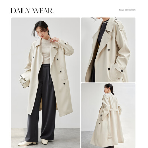 Shangdubila 2025 spring wear British style double-breasted removable belt windbreaker jacket for women mid-length off-white XL