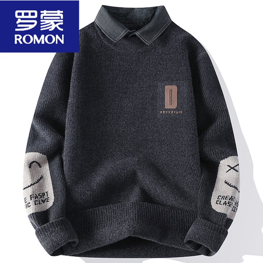 罗蒙（ROMON）潮流内搭翻领长袖针织衫上衣潮男秋冬款保暖加绒加厚假两件毛衣 卡其QDMYM9901加厚 加绒 M