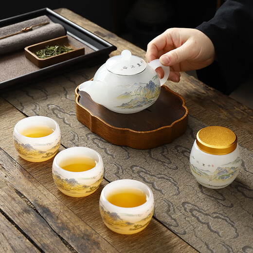Beautiful and high-quality white jade glazed tea set Chinese style household jade porcelain Qianli Jiangshan light luxury Kung Fu tea set teapot one pot four cups Qianli Jiangshan covered bowl tea set white