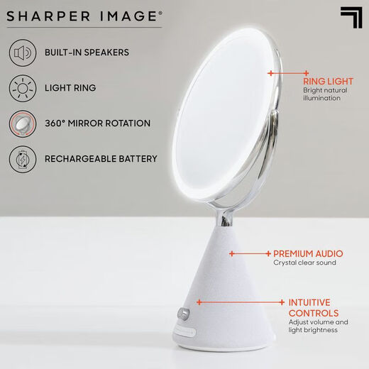 SHARPER IMAGE SPASTUDIO 9-inch double-sided vanity mirror with built-in speaker wireless Bluetooth 360 rotary touch control adjustable LED light white