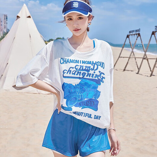 Bai Qixin swimsuit women's split conservative swimsuit three-piece cover-up sun protection loose belly cover hot spring plus size swimsuit blue and white split swimsuit three-piece set