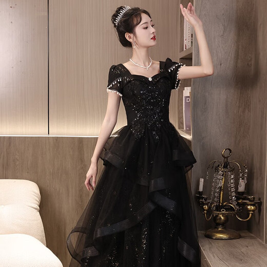 LIBAIXIN Schwarzes Abendkleid 2025 Neues Stil Bankett leichte Luxus Nische High-End-Host-Abschluss-Zeremonie Performance Kleid Kleid Schwarz XL suggeriert 110-120jin [Jin entspricht 0,5 kg]