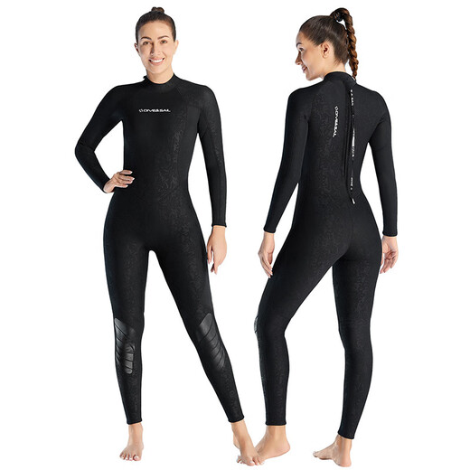 DIVE&SAIL 1.5MM one-piece warm wetsuit for men, long-sleeved cold-proof wetsuit for women, snorkeling suit, surfing suit, winter swimming suit, 1.5mm black female XL