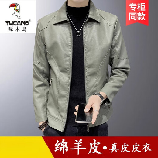 Woodpecker (TUCANO) Haining Genuine Leather Soft Leather Jacket Men's Sheepskin Large Size Spring Autumn and Winter Lapel Jacket Trendy Handsome Motorcycle Leather Jacket 8898# Dark Green Regular Style L