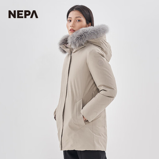 NEPA耐葩秋冬女士大衣式中长款连帽狐狸毛毛领羽绒服7I82056 灰褐色 S 165/88A