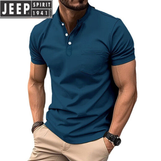 JEEP SPIRIT2025 new American retro solid color short-sleeved T-shirt top European and American summer men's fashion Henry neck half-sleeved shirt gray XL
