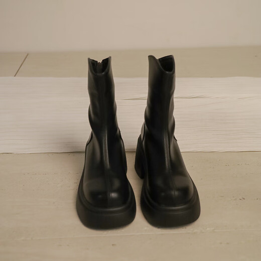 Dans les bottes à talons épais miroises et épaisses pour les petites bottes Martin de printemps pour femmes nouvelles bottes simples bottes Chelsea Boots fines françaises noir 38