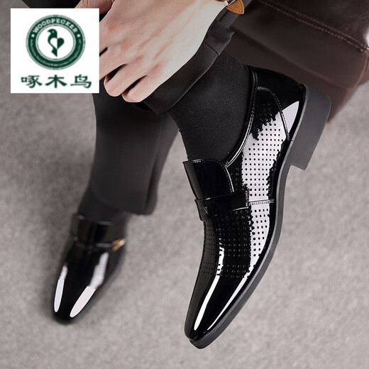 Woodpecker 2024 leather shoes men's hollow summer style business casual leather shoes genuine leather breathable soft sole leather sandals men 686-2 black hollow premium version 43