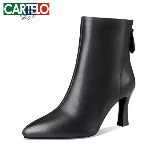 Cartelo 2024 Herbst und Winter Neue Stil High Heels kleine Nacktstiefel Tierärztes Leder weiche Kuhläden dünne Fersenschuhe plus Samt schwarzes Kuhpferd 7cm-Single 37