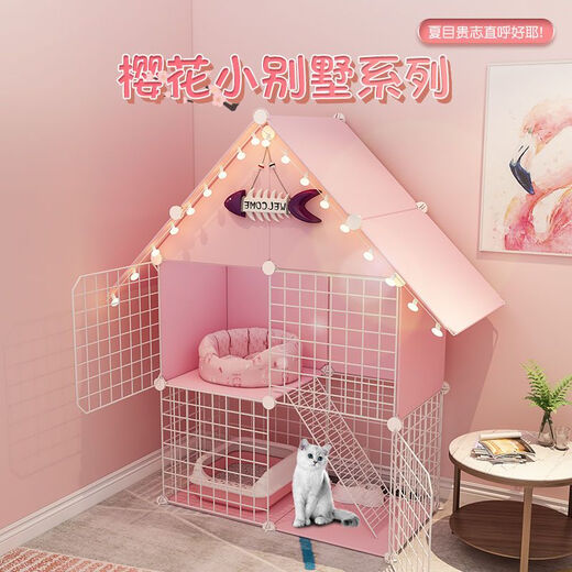 Cat Cage Home Indoor Cat Villa with Toilet Clearance Large Extra Large Free Space Small Cat Nest Cattery Three-story Small Bungalow + Pink Jump Platform - Multi-Cat Paradise Exclusive Model Hardcover Model + Cat Litter Box + Dual-Purpose Cat Bowl