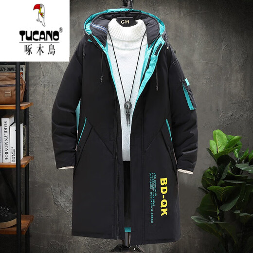 Woodpecker (TUCANO) high-end jacket down jacket men's mid-length winter lengthened and thickened jacket 2025 new trendy slim fit for young and middle-aged people 9568 ultra-thick version black green high-grade rayon upgrade 4XL (175Jin Jin is equal to 0.5kg -195Jin Jin is equal to 0.5kg)