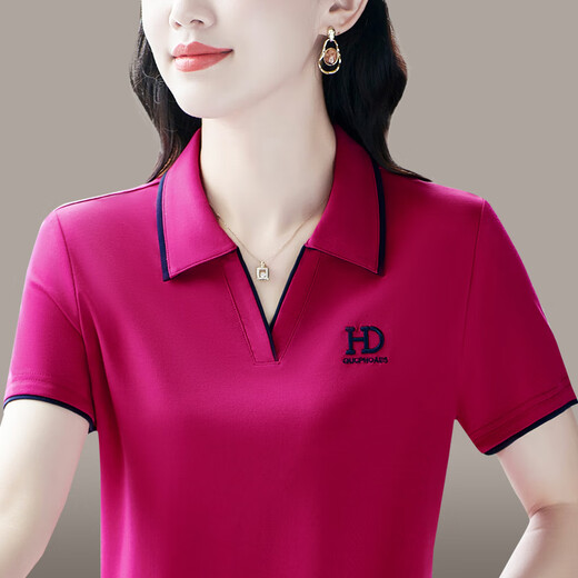 洛比狮Polo衫短袖t恤女中年妈夏季新款高端带领套头衫半袖T恤宽松上衣女 880粉色 3XL (建议130-139斤)