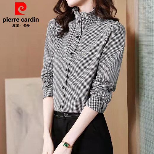 Pierre Cardin black and white plaid shirt women's long-sleeved stand-up collar fungus lace cardigan top Korean style spring and autumn loose bottoming versatile black and white plaid S 75-95Jin Jin equals 0.5 kg
