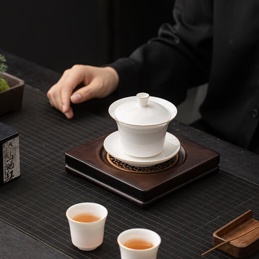 SUSHI CERAMICS Hovering Horseshoe Sancai Covered Bowl Mutton Fat Jade Gold Dehua White Porcelain Kung Fu Tea Set J1038