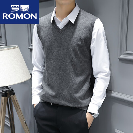 罗蒙（ROMON）时尚都市男士针织背心马甲秋冬款无袖毛衣修身坎肩打底衫v领线衣 SXZFS-14126卡其色+深蓝色 M