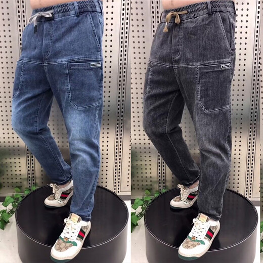 牛仔裤男春秋季休闲系绳青少年韩版潮流宽松直筒多口袋老爹九分裤 黑灰色-牛仔-A55 XL (115-130斤)