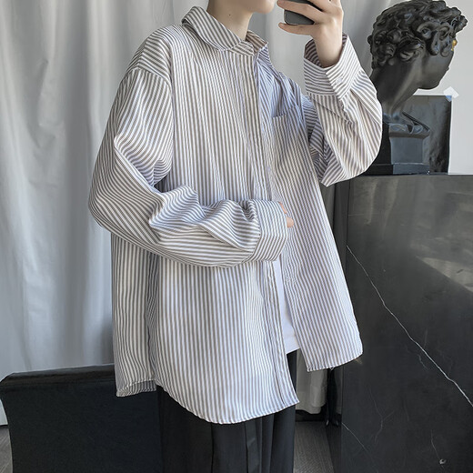 Bai Mingchen Blue und White Striped Shirt Herren neuer Herbst Longleved Trendy Shirt Hong Kong Style High-End-Freizeitpaar vielseitiger Jacke Blau L [Vorgeschlagen 110-130jin [Jin ist gleich 0,5 kg]]