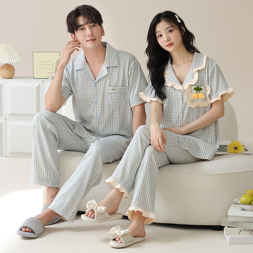 浪莎（LangSha）睡衣情侣装夏季纯棉7A抗菌短袖长裤家居服一男一女夏天可外穿套装 6227情侣装 女M+男XL